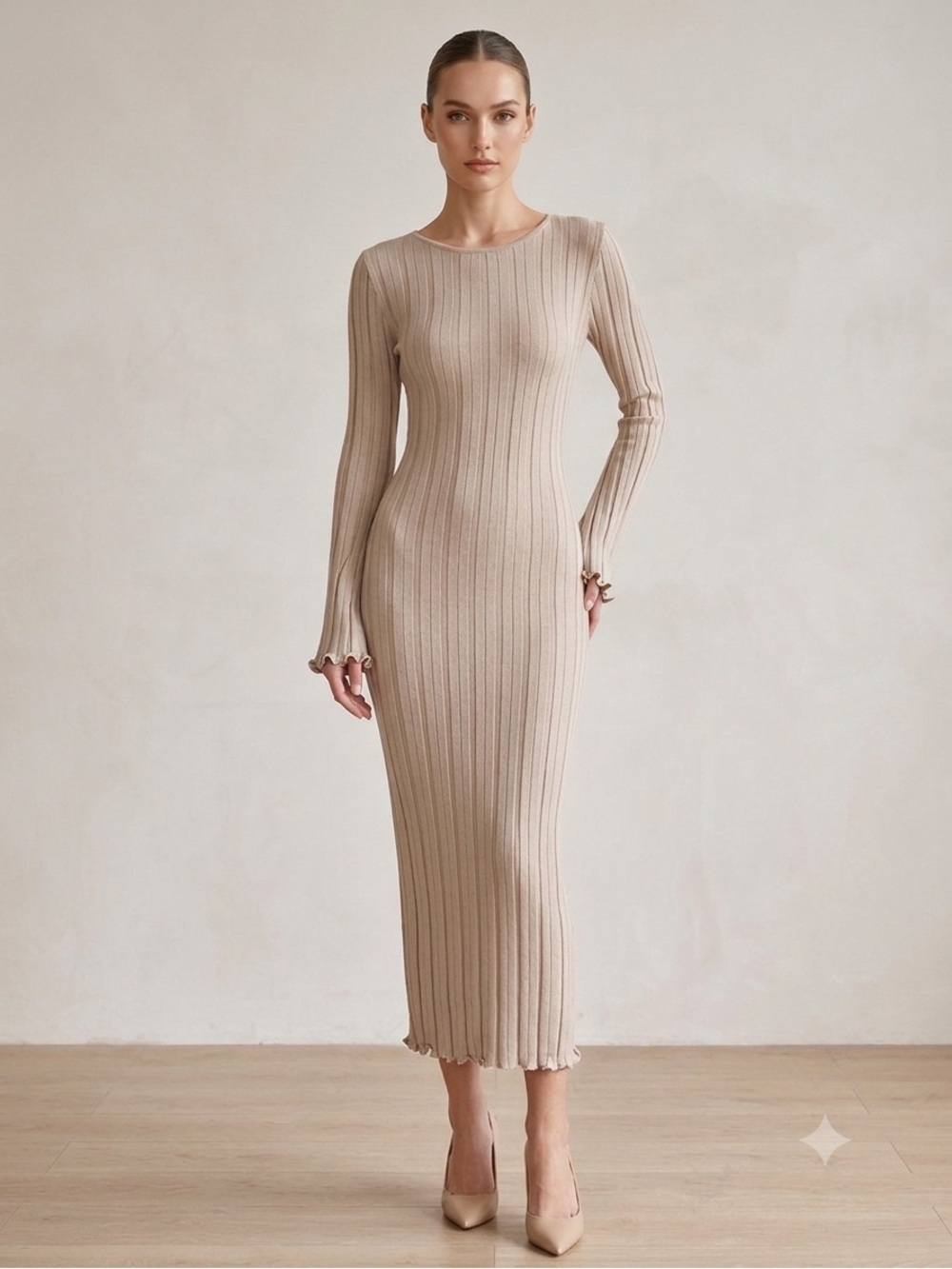 Ribbed Knit Lettuce Edge Crew Neck Flare Sleeve Backless Maxi Sweater Dress